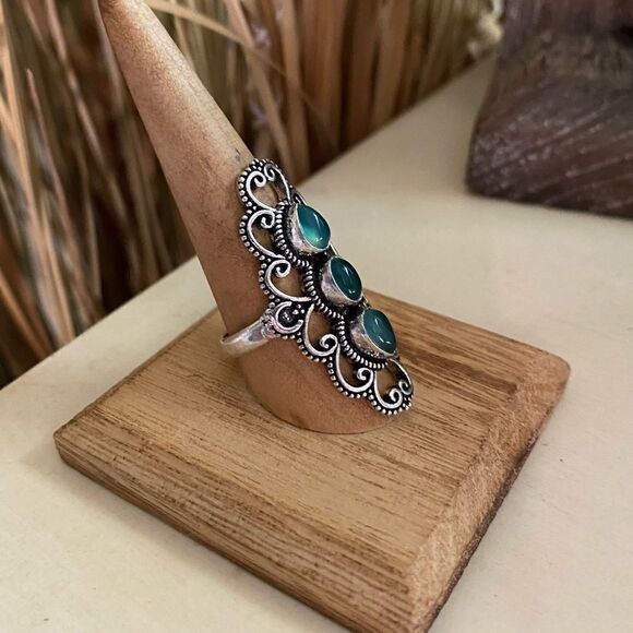 Green Onyx Boho Sterling Silver Gemstone Ring Size 9.5 - Picture 3 of 6